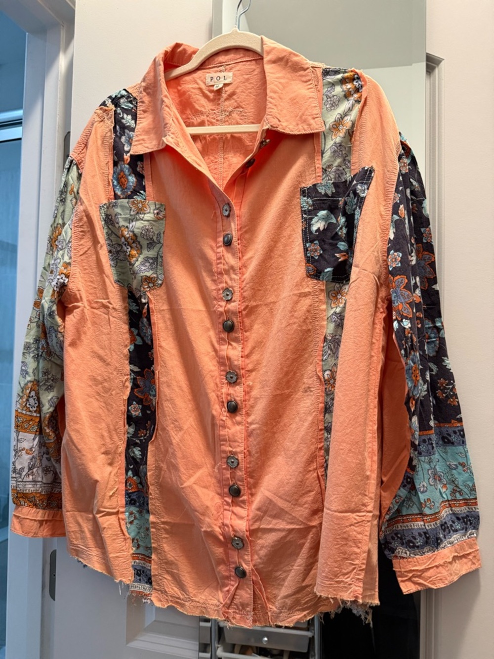POL Peach Button-Up Shirt with Contrast Trim